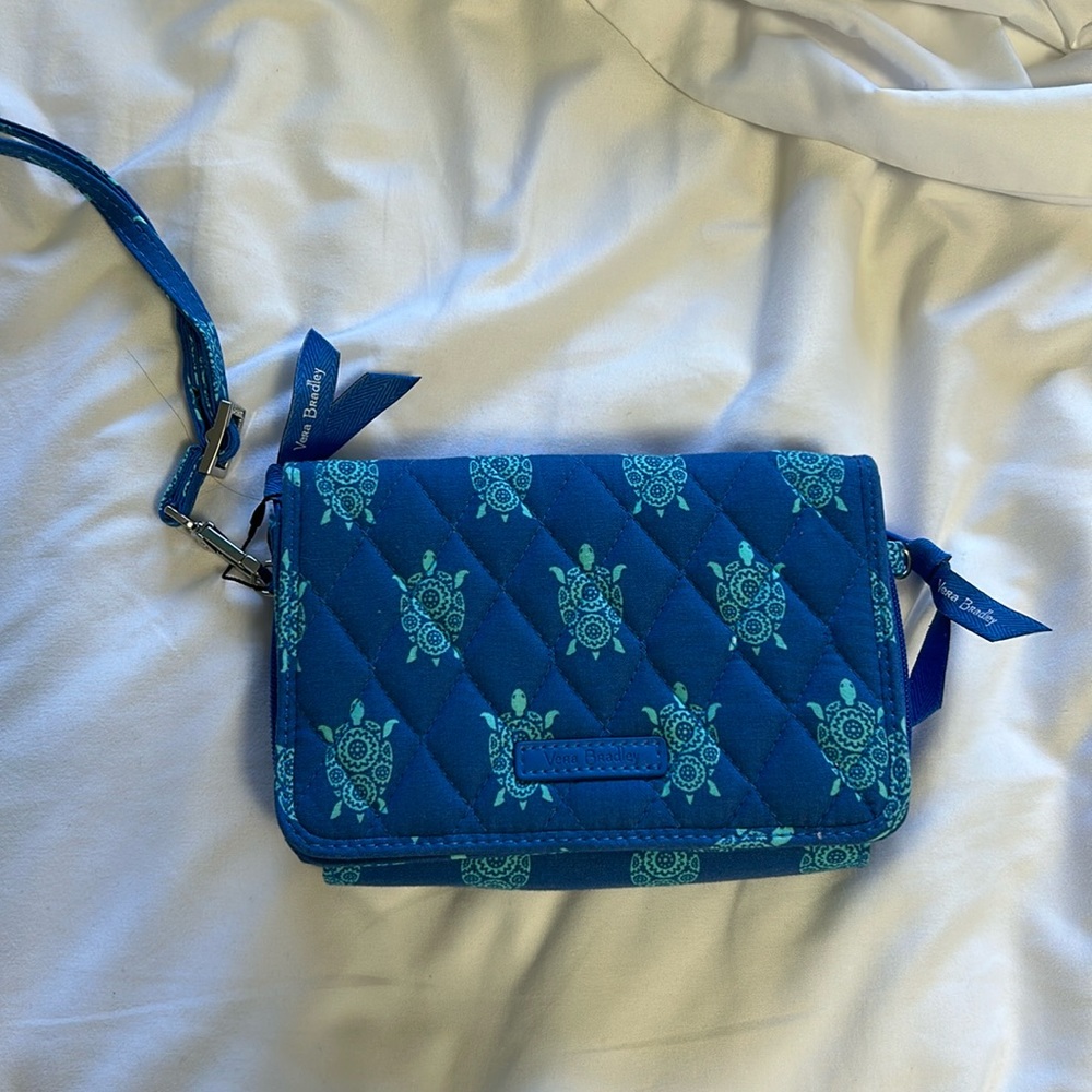Blue turtle pattern large wallet/mini purse with detachable lanyard.
